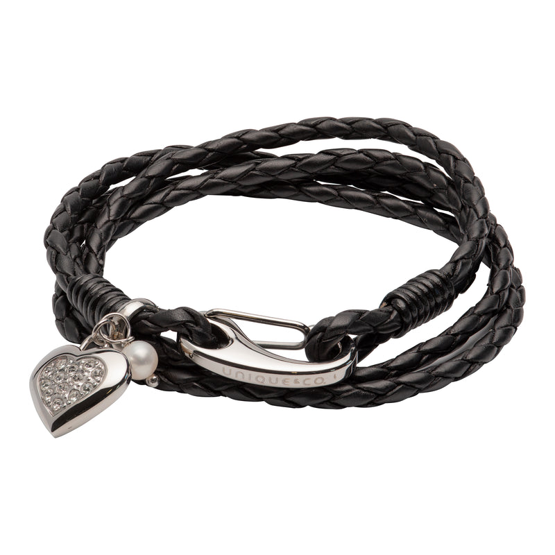 Unique & Co Ladies Black Leather Bracelet B462BL - Hamilton & Lewis Jewellery
