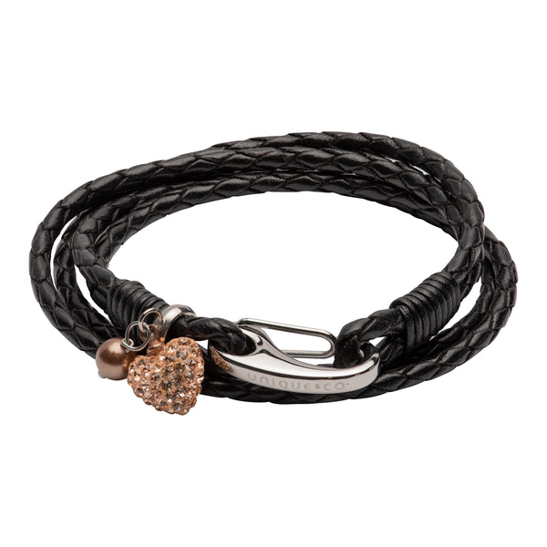 Unique & Co Ladies Black Leather Bracelet B465BL - Hamilton & Lewis Jewellery