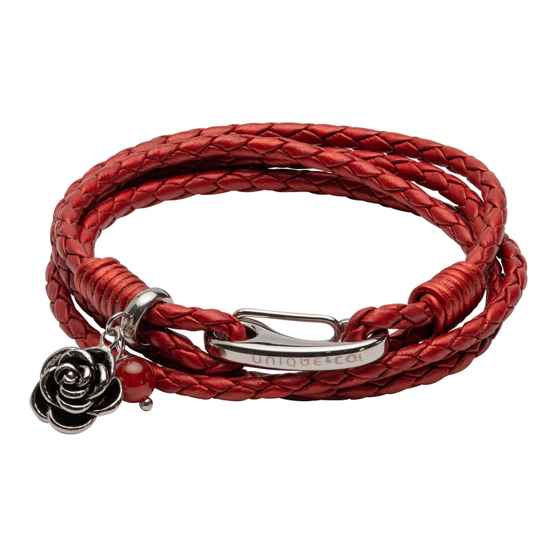 Unique & Co Ladies Moroccan Red Leather Bracelet B466MR - Hamilton & Lewis Jewellery
