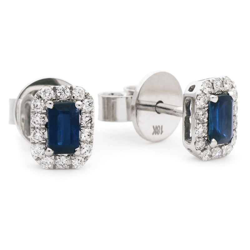 Diamond & Blue Sapphire Emerald Shaped Earrings 0.90ct - Hamilton & Lewis Jewellery